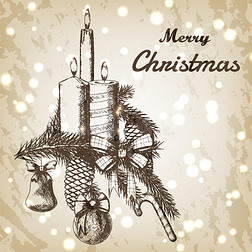 圣诞节或新年手绘矢量插图。 杉枝装饰，蝴蝶结，糖果和蜡烛素描，古董