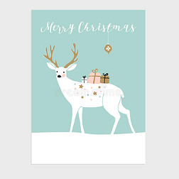 可爱的圣诞贺卡，邀请函。 驯鹿和礼品盒。 手绘设计。 矢量插图背景。