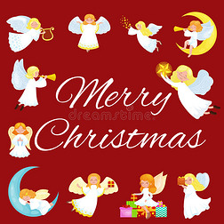 圣诞假期一套飞行天使与翅膀和礼物盒或星星，与月亮一样的象征在基督教或