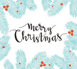 圣诞松木框架与假日刻字-圣诞快乐。 贺卡、邀请函的矢量插图。