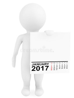 字符持有日历2017年1月。 三维渲染