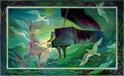 管弦乐队和大海的协奏曲。 在幻想环境中弹钢琴的美丽女孩的肖像。 木头上的油画。