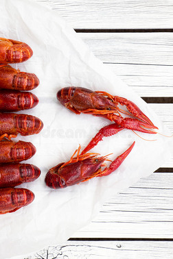白色木制背景上的新鲜蒸小龙虾。 乡村风格。 杂志的封面。 海鲜菜单。