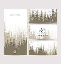 名片设计一套棕色森林和山脉背景。 模板设计的问候，打印，网页