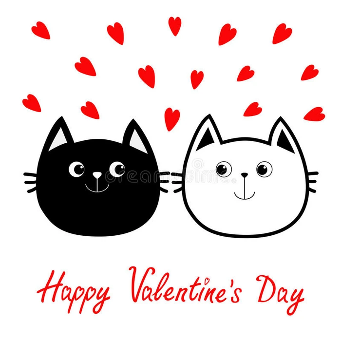黑白轮廓猫头夫妇家庭图标 红心套 可爱有趣的卡通人物 快乐情人节贺卡