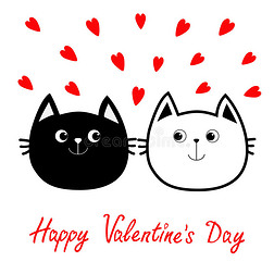 黑白轮廓猫头夫妇家庭图标。 红心套。 可爱有趣的卡通人物。 快乐情人节贺卡。