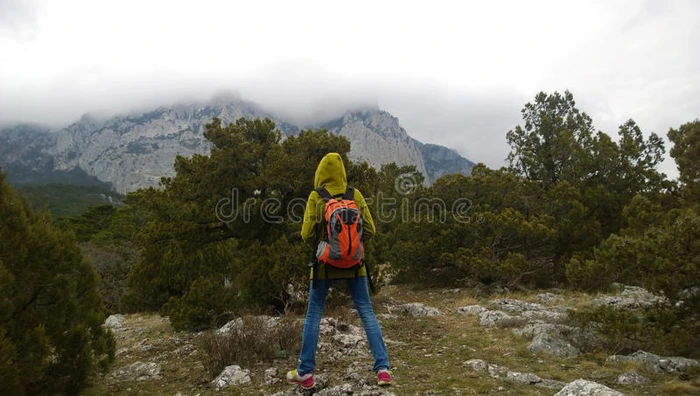 一个孤独的旅行者站在山上看着群山 多云的黑暗天气