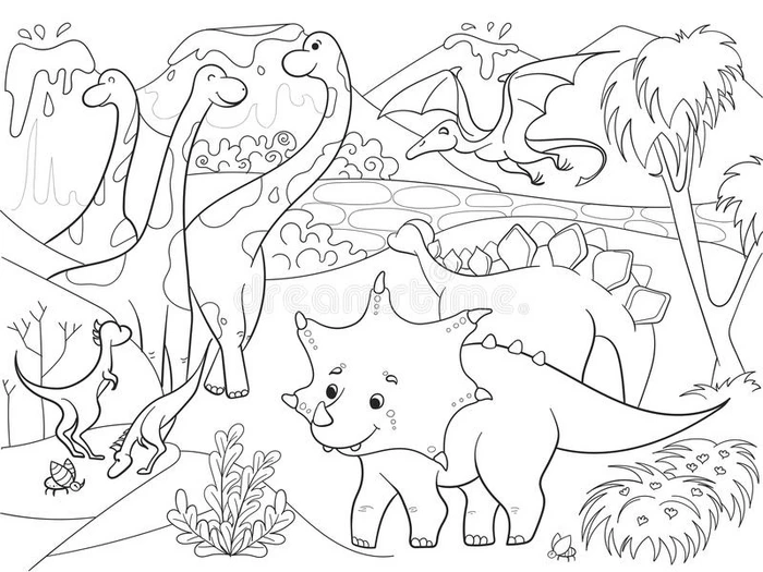大自然中恐龙儿童的卡通着色 黑白矢量插图