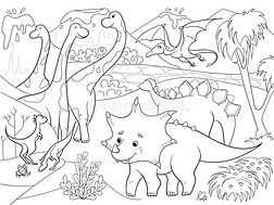 大自然中恐龙儿童的卡通着色。 黑白矢量插图