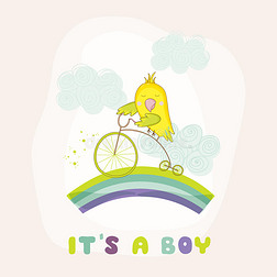可爱的鹦鹉骑自行车。 婴儿淋浴或到达卡