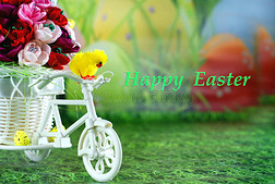 复活节贺卡与快乐复活节，小鸡骑自行车与复活节鸡蛋。