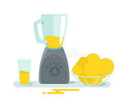 搅拌机玻璃和水果放在桌子上。 烹饪果汁健康。 家用电器。