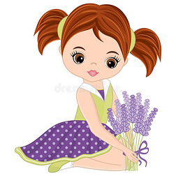 矢量漂亮的小的女孩和薰衣草花束