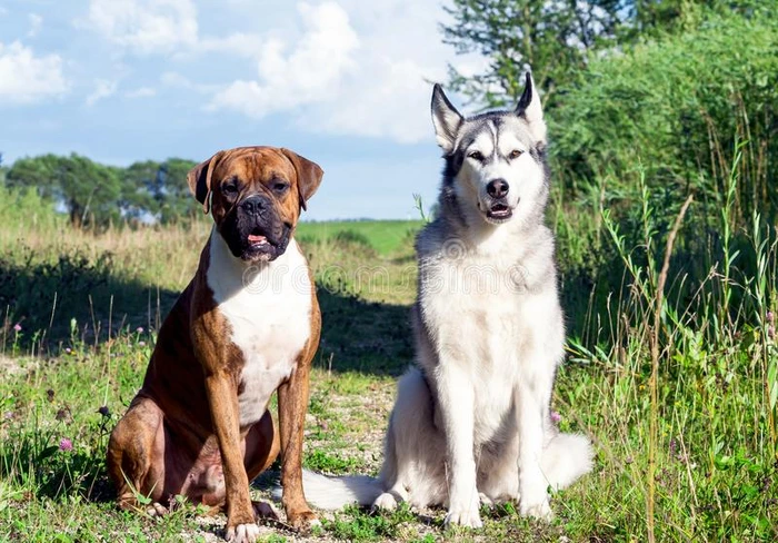 两个公狗,阿拉斯加州人爱斯基摩狗和德国的拳击手采用自然和煦的照到阳光的甚至