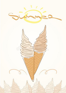 夏海报和两个冰乳霜圆锥体.线条设计.手绘画