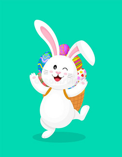 漂亮的漫画白色的兔子和背包关于复活节卵.