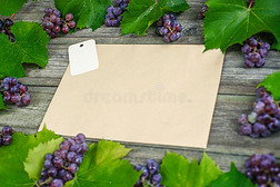 藤和葡萄和树叶大约向酿酒的乡村的木制的tablet药片