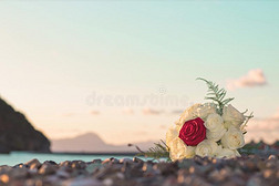 花的花束向海滩在日落.红色的玫瑰在中心,白色的reducedoperationalstatus简化操作程序
