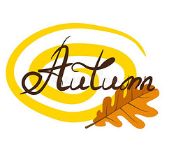 发字繁体背景插画|黄色的一绺鬈发和栎树叶子和字体