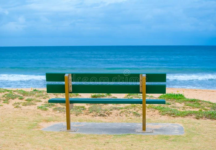 绿色的公园长凳在近处指已提到的人洋,海滩给看黑暗的蓝色海和英语字母表的第8个字母