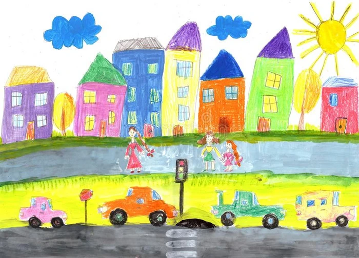 小孩英文字母表的第19个字母绘画幸福的家庭,建筑物,汽车