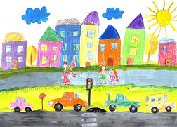 小孩`英文字母表的第19个字母绘画幸福的家庭,建筑物,汽车