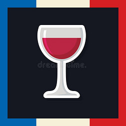 法国文化卡片和旗和葡萄酒杯子