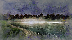 镇定的森林湖在有雾的夜w在ercolor草图