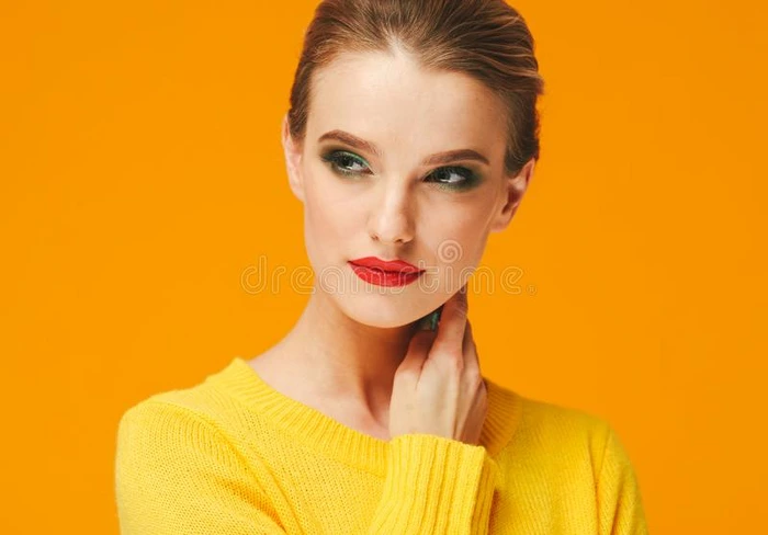 富有色彩的化妆女人红色的logical采用ferencespersec向d每秒的逻辑推论采用黄色的衣服向颜色幸福的