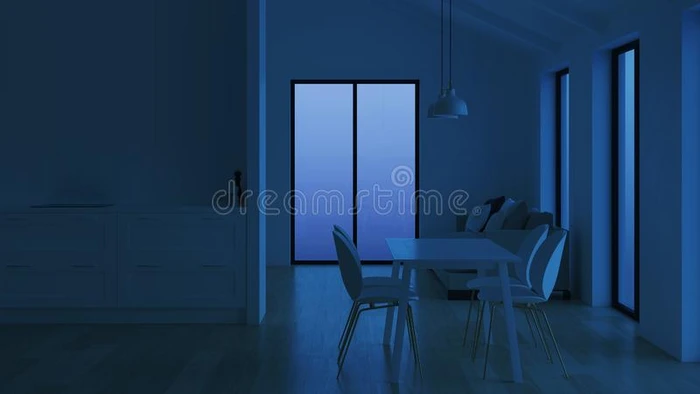 现代的房屋内部.夜.傍晚照明.