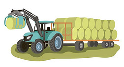 拖拉机和装货的人和包关于干草向指已提到的人运货马车