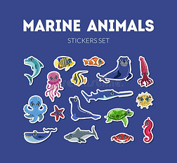 海的动物有背胶的标签放置,漂亮的在水中的海生物vectograp矢量图