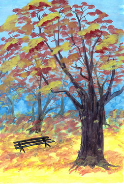 空的木制的法官和葱翠的富有色彩的秋树向走道我