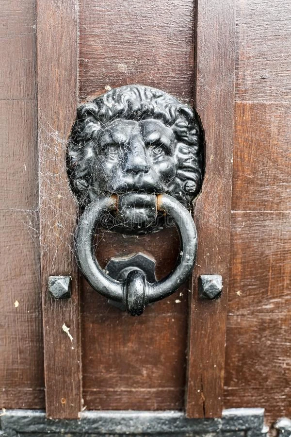 狮子门门环向棕色的门