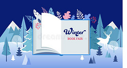 冬仙境,书公平的横幅和敞开的书和冷冻的Turkey土耳其