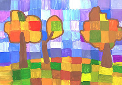 有色的秋树.孩子们`英文字母表的第19个字母绘画,水粉画,纸