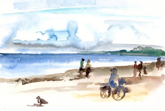 水彩抽象的海滨风景和旅行者和一自行车